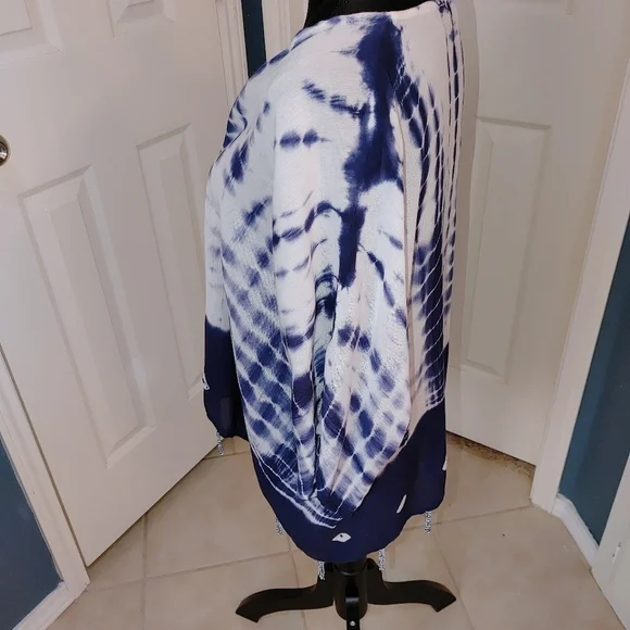 NWOT Soft Surroundings Tie Dye Short Sleeve Open blouse w Beaded Fringe. Large - Picture 6 of 13